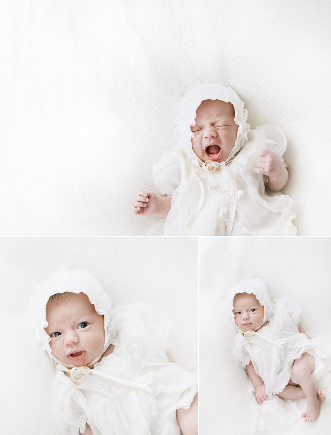Newborn photos of baby yawning and looking at camera in christening gown