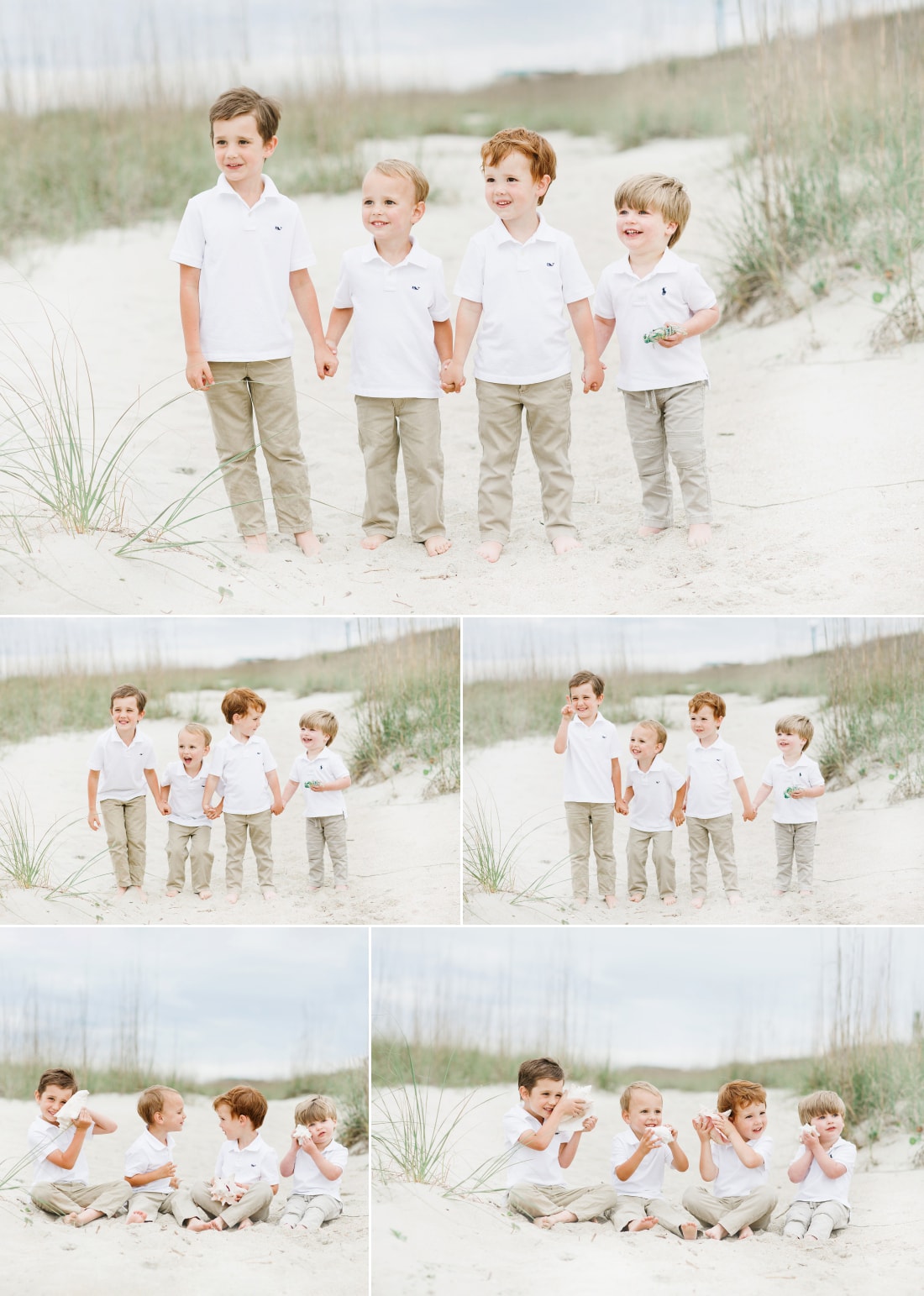 Tybee Family photographers . four boys on tybee beach laughing and listening to konk shells portrait