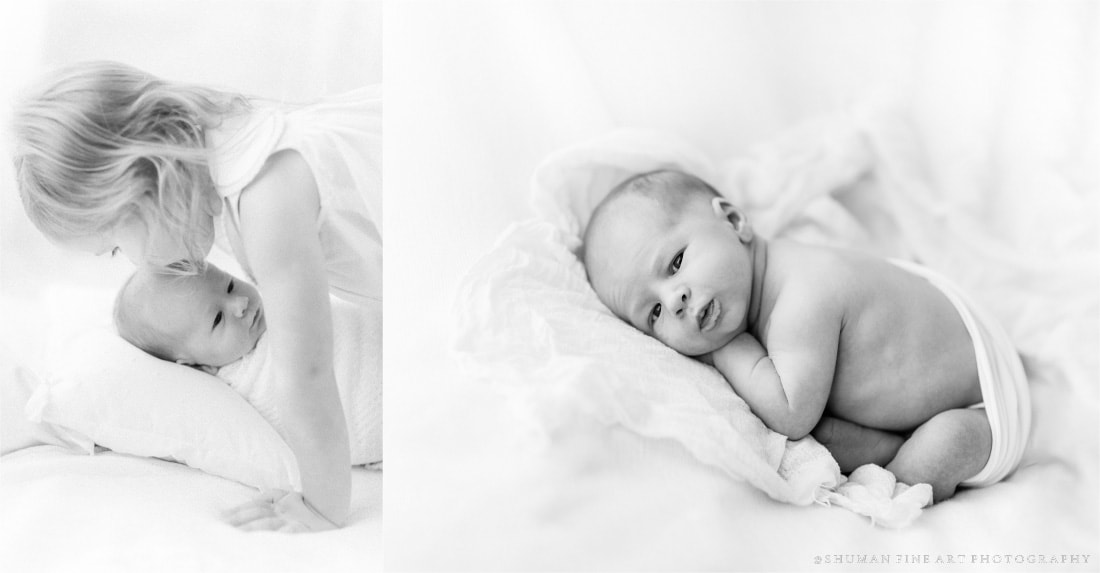 Black and white portraits of baby and sibling 