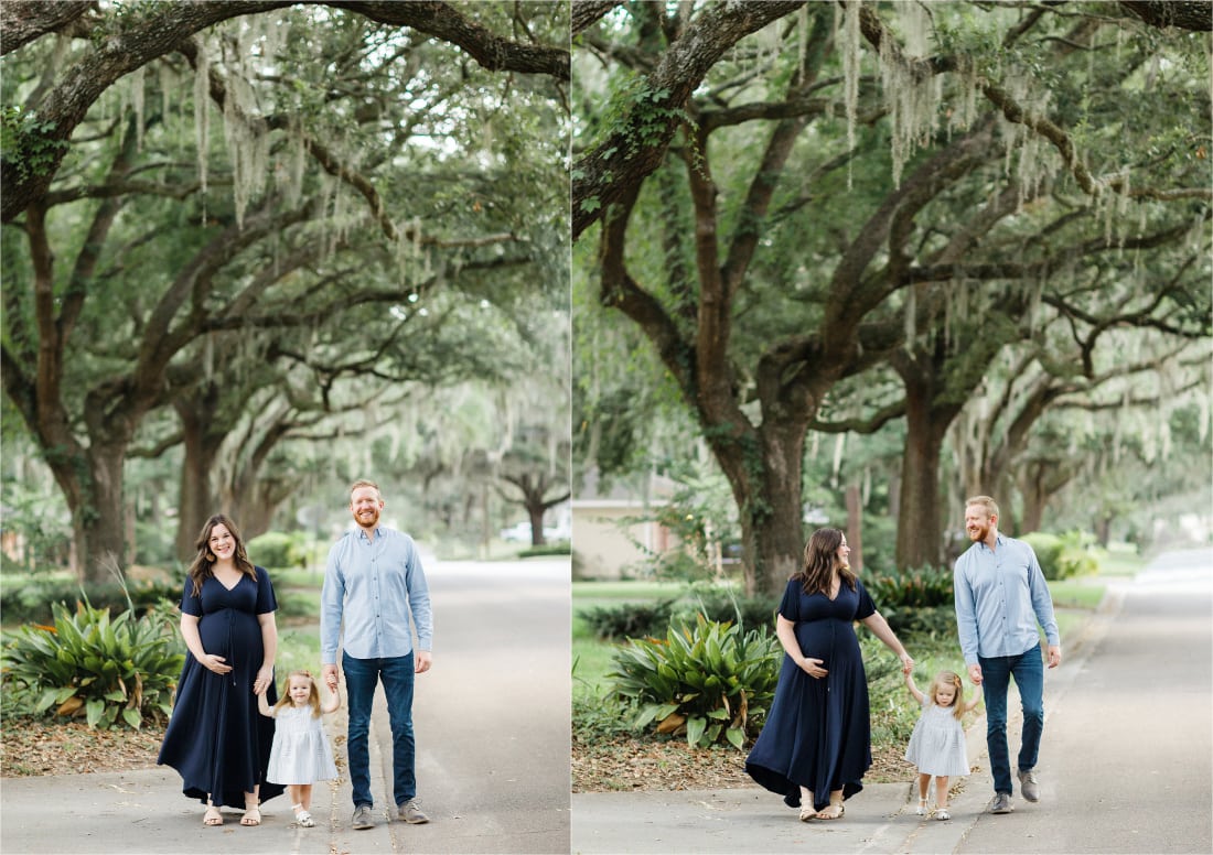 Maternity pictures in savannah by shuman fine art photography family holding hands walking down oak tree lined street
